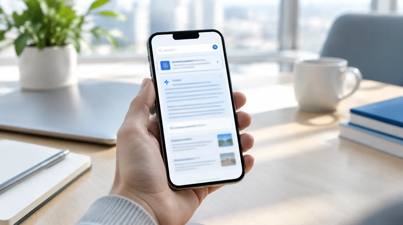 Hand hält ein Smartphone, auf dem Display eine KI-Antwort der Suche mit hervorgehobener Link-Karte
