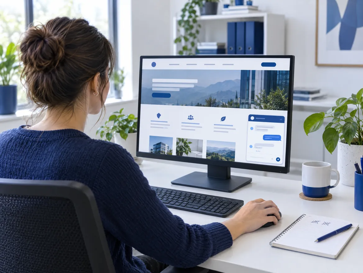 Mitarbeiterin von hinten an einem hellen Schreibtisch, auf dem Monitor eine Firmenwebsite mit geöffnetem Chatfenster unten rechts, daneben ein Notizblock mit Strichliste