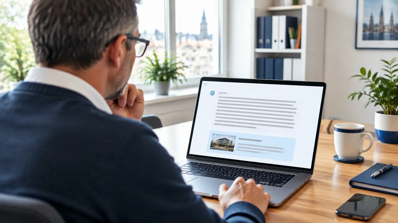 Unternehmer am Laptop, auf dem Bildschirm eine KI-Antwort mit hervorgehobener Quellenkarte einer Firmenwebsite