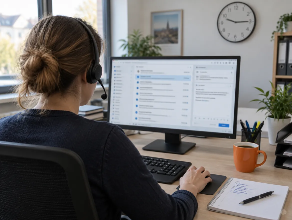 Mitarbeiterin mit Headset am Schreibtisch von hinten, auf dem Monitor ein Posteingang mit Anfragen und ein Antwortentwurf, an der Wand eine Uhr