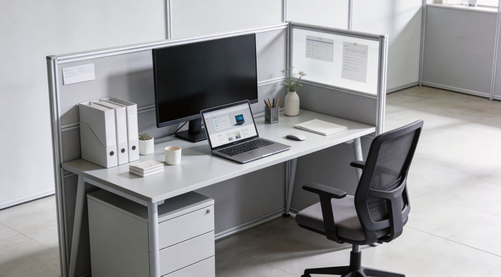 Symbolbild: Arbeitsplatz mit Monitor, Laptop und Aktenordnern, KI-generiert