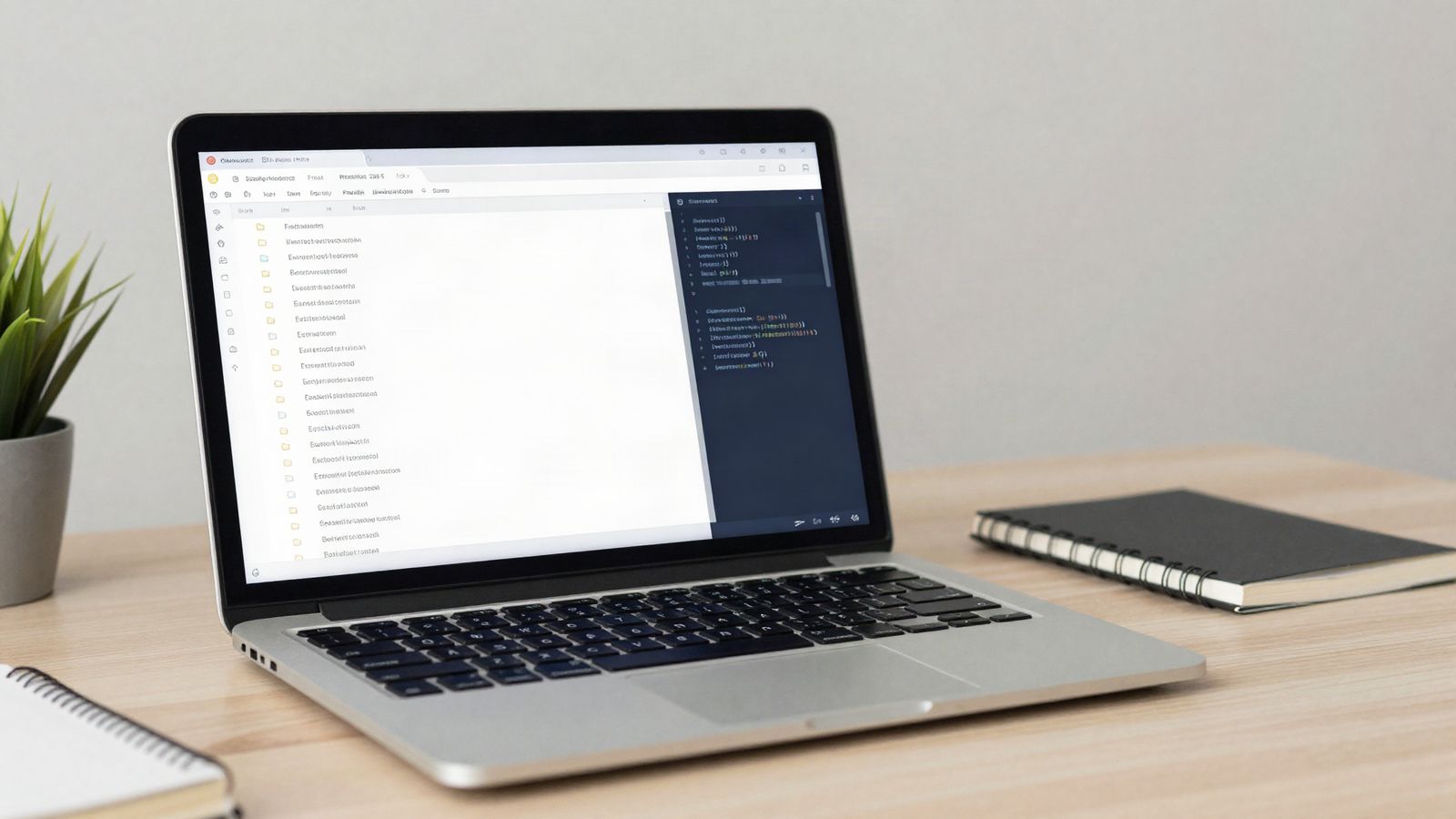 Laptop mit Ordnerstruktur aus Textdateien und Editor