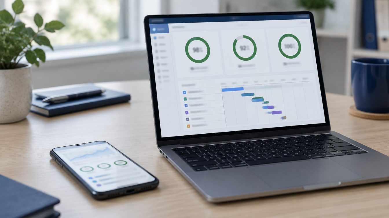Laptop mit Auswertung der Ladezeit und Smartphone auf einem Schreibtisch